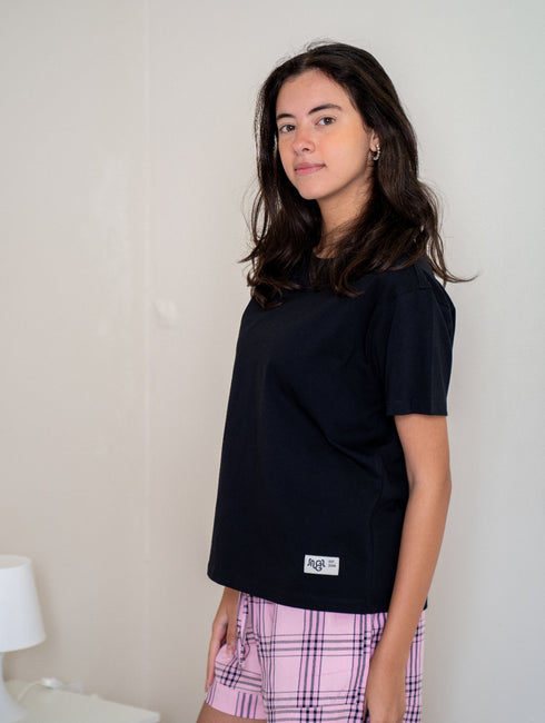 Women Summer Pajama set Black T-shirt + Pink X Black Tartan Plaid Shorts